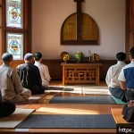 Home 10 종교 치유와 심리적 안정 - A serene scene of a diverse group of people gathered in a peaceful religious community setting, enga...