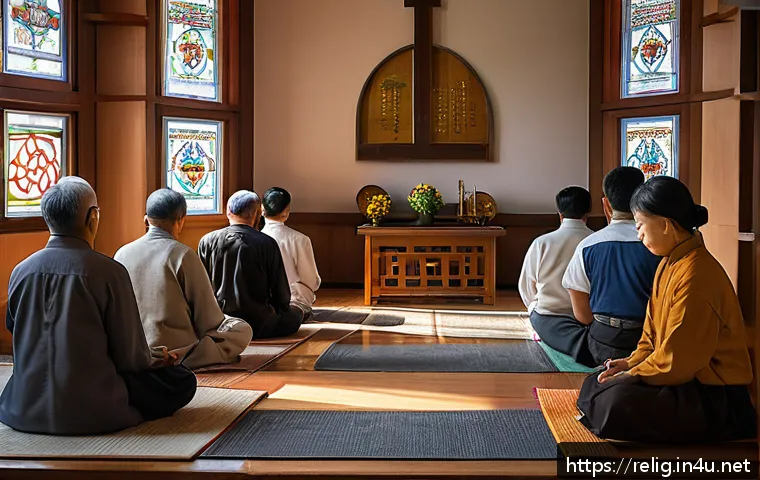종교 치유와 심리적 안정 - A serene scene of a diverse group of people gathered in a peaceful religious community setting, enga...
