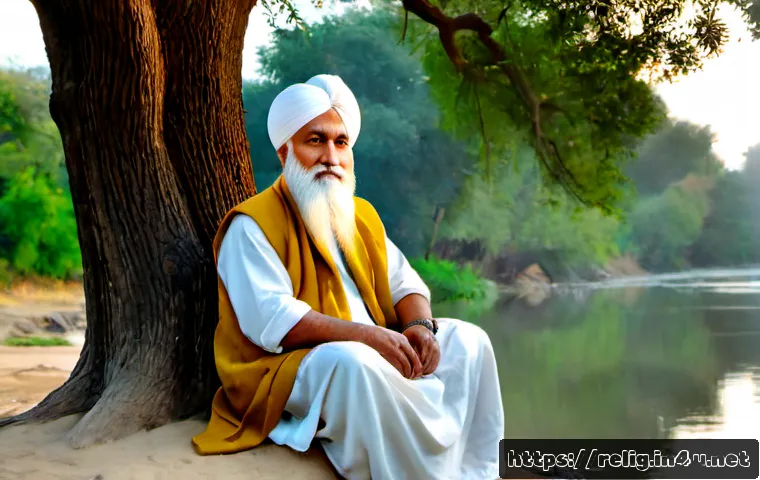 Home 11 시크교의 역사와 창시자 구루 나나크 - Photorealistic historical portrait of Guru Nanak, an elderly South Asian spiritual teacher with a ca...