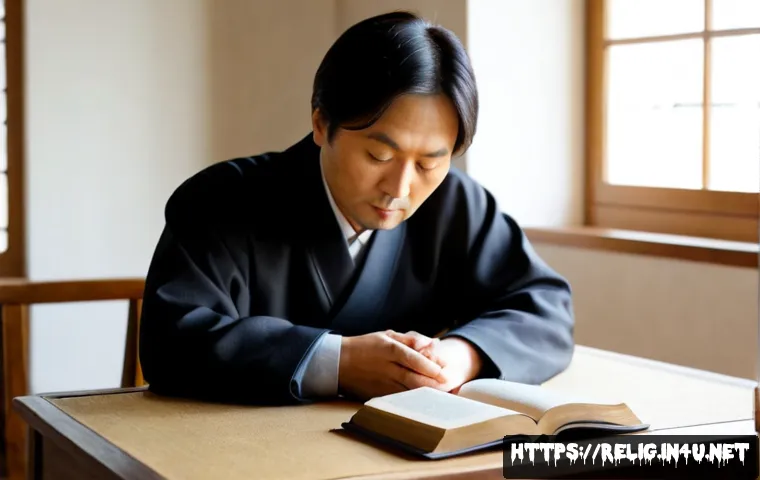Home 13 종교적 회의주의와 철학 - Photorealistic contemplative scene of a middle-aged scholar seated alone at a wooden desk, thoughtfu...